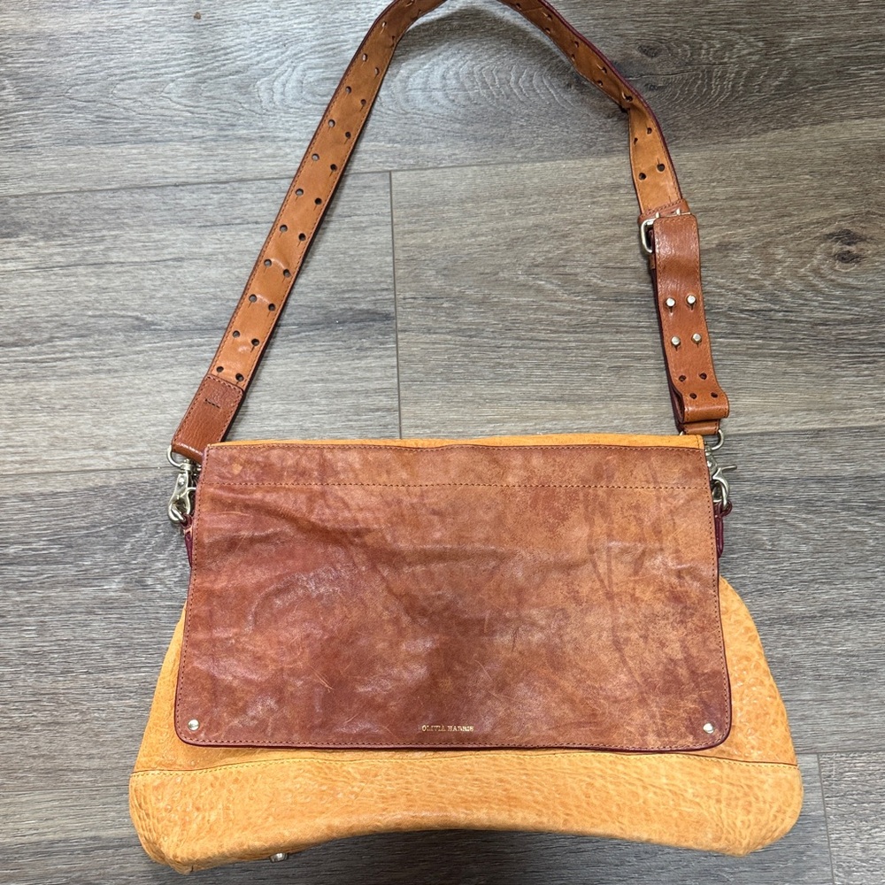 Olivia Harris Two-Tone Leather Crossbody Bag in Brown and Tan